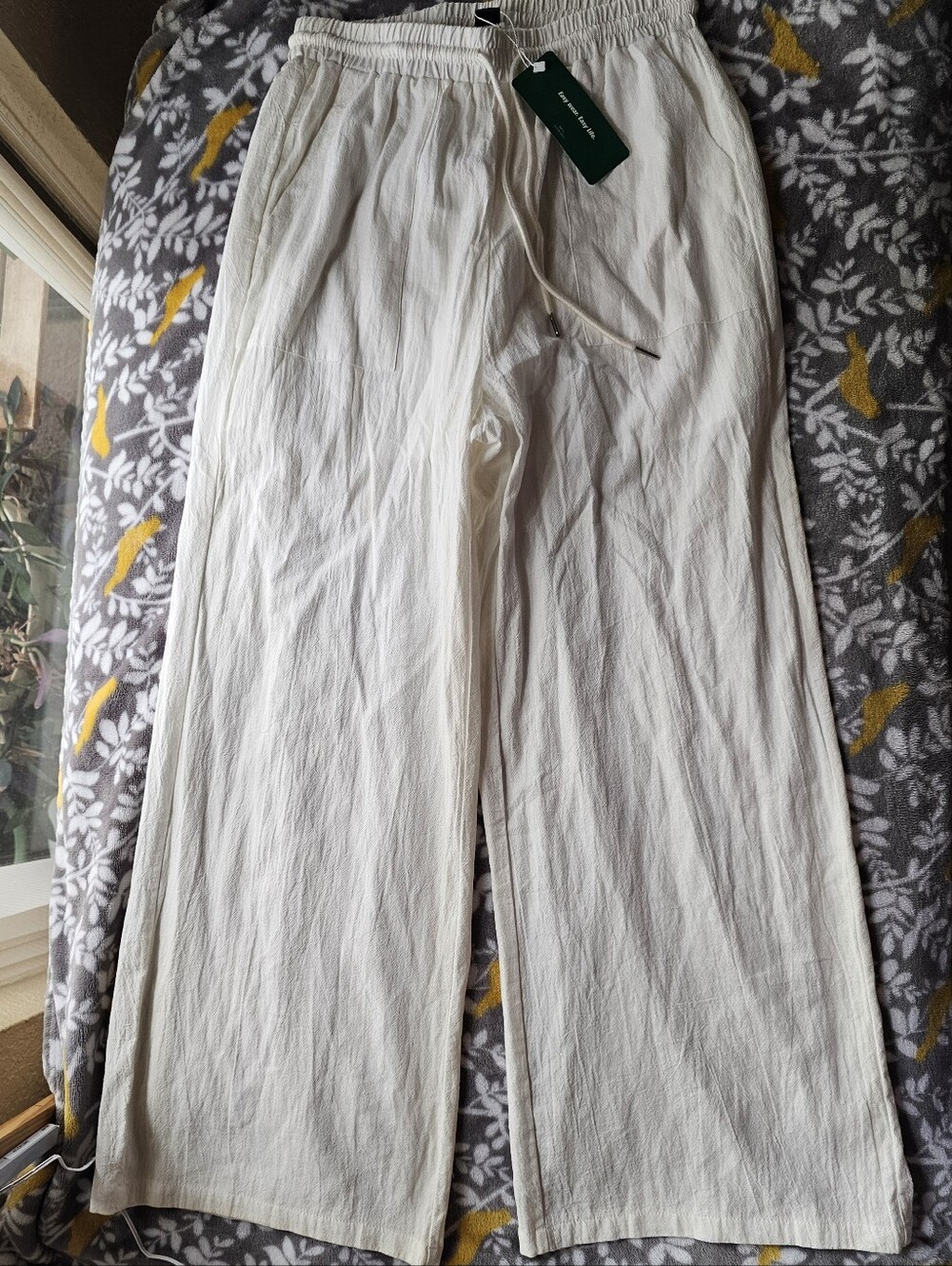NWT Lined 100% Cotton Beach Pants Lightweight off-white Cream with deep pockets
